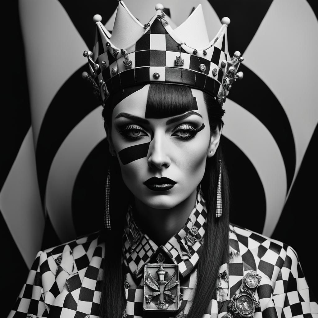 Surreal Dada Queen Reigns in Geometric Chessboard Punk Style