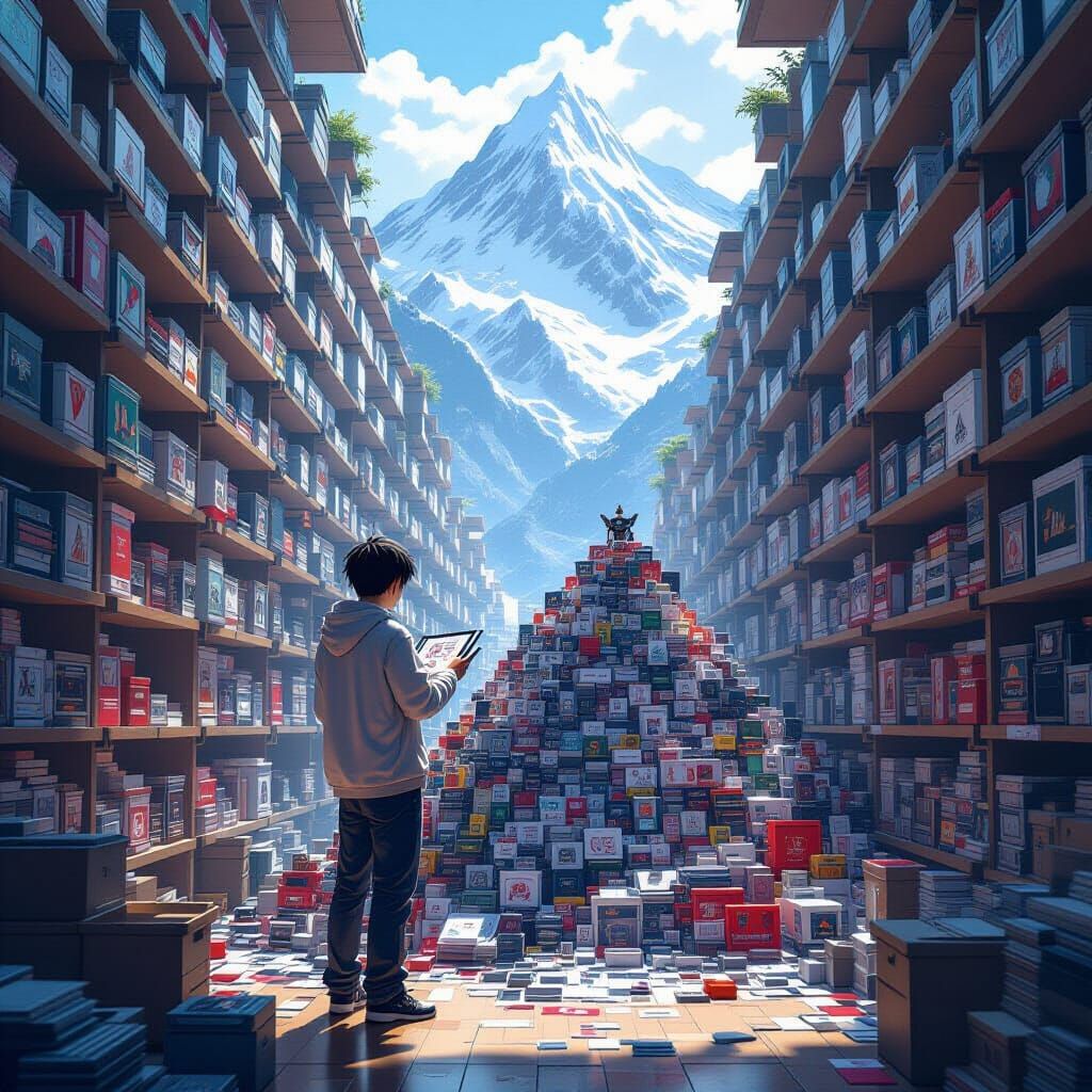 Model Builder Selects Kit Amidst Mountain of Boxes