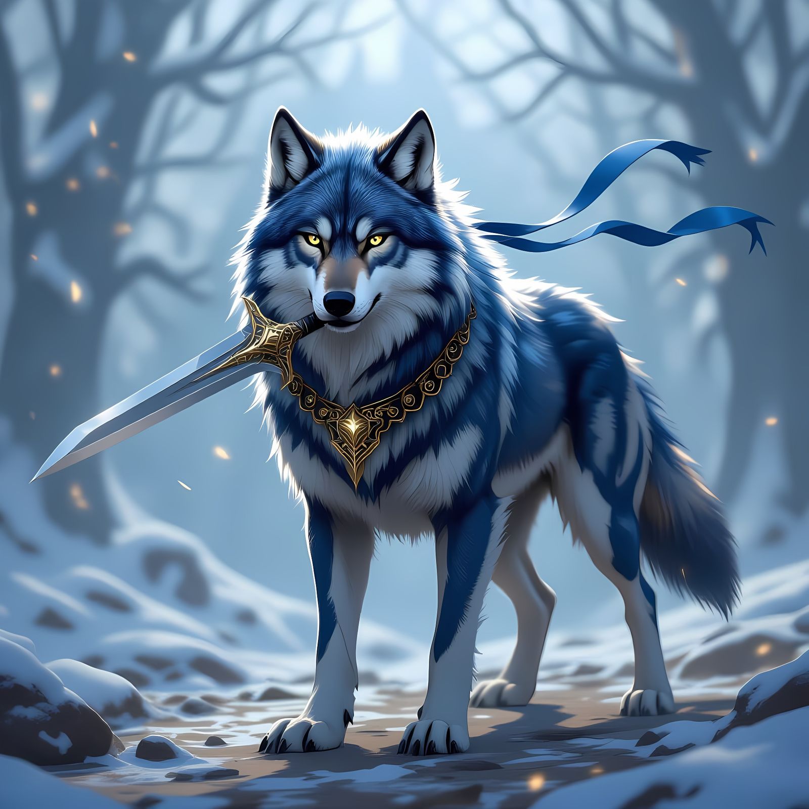 Legendary Blue and Gold Wolf with Sword in Mouth