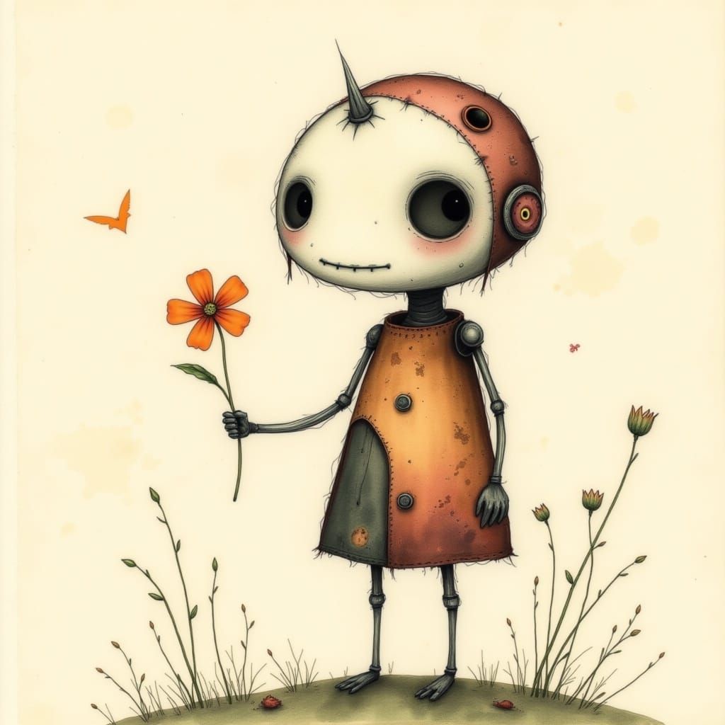 Patchwork Robot Girl Offers Flower in Watercolor