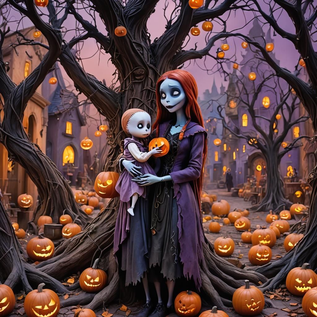 Sally with Baby in Halloween Town, Burton-esque