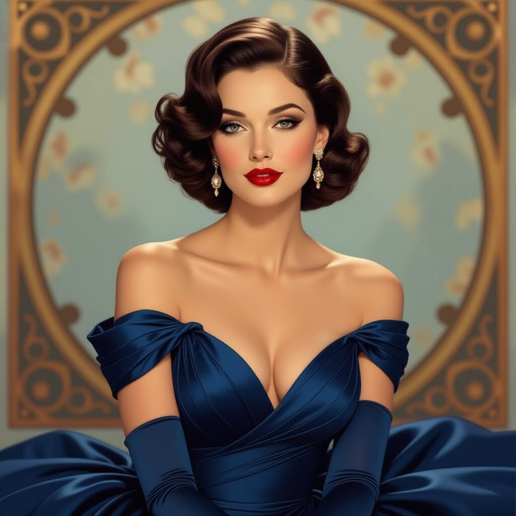 Elegant Woman in Blue Gown with Art Nouveau Flair