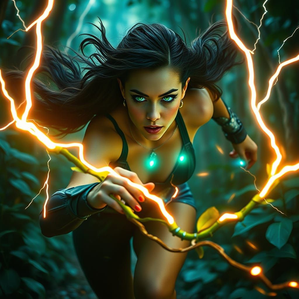 Heroine Commands Forest with Electric Eyes, Cinematic Lighti...