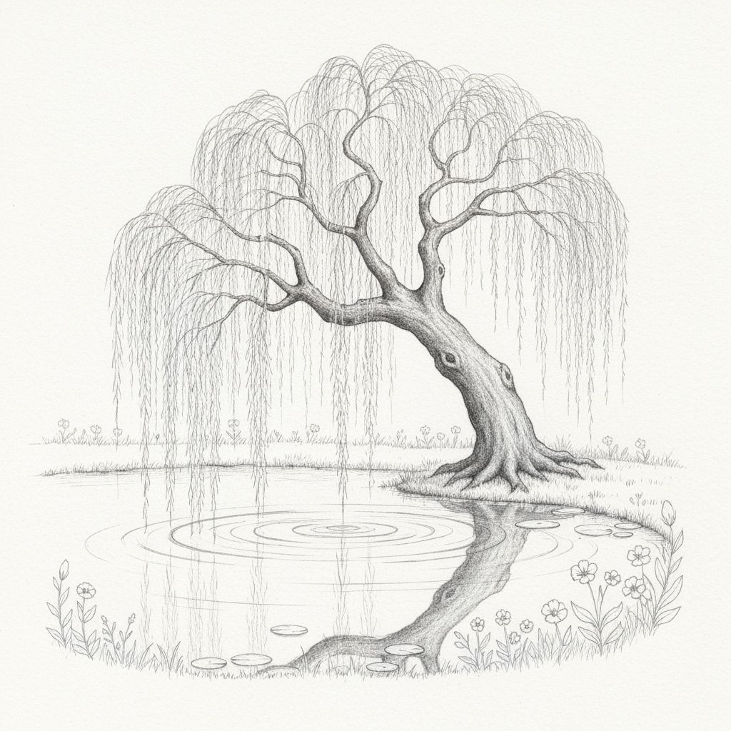 Weeping Willow: Graphite Pencil Sketch in Botanical Style