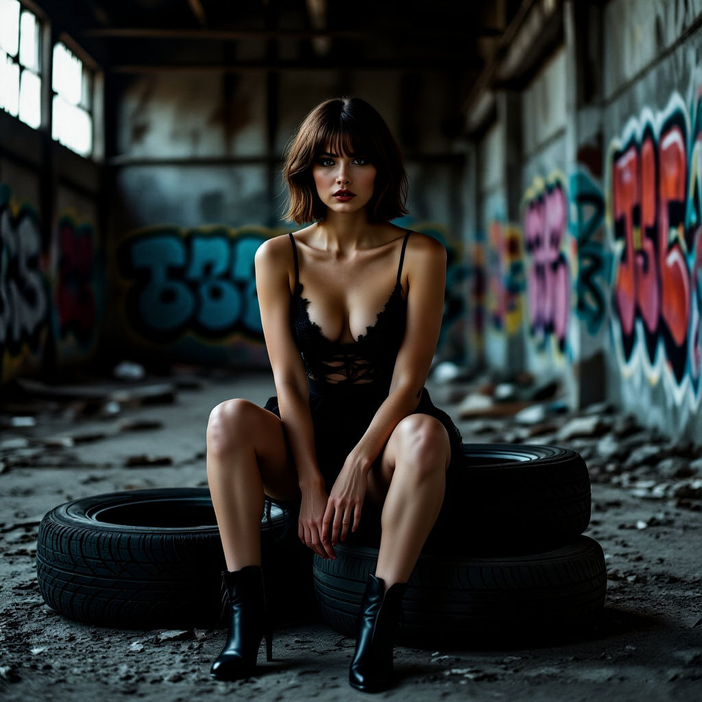 Moody Portrait of Woman in Factory Ruins