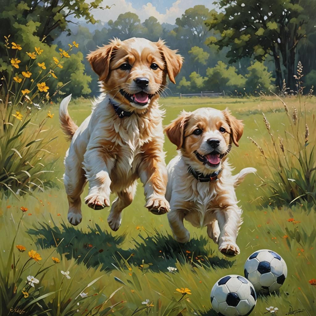 Puppies Play Soccer: Oil Painting