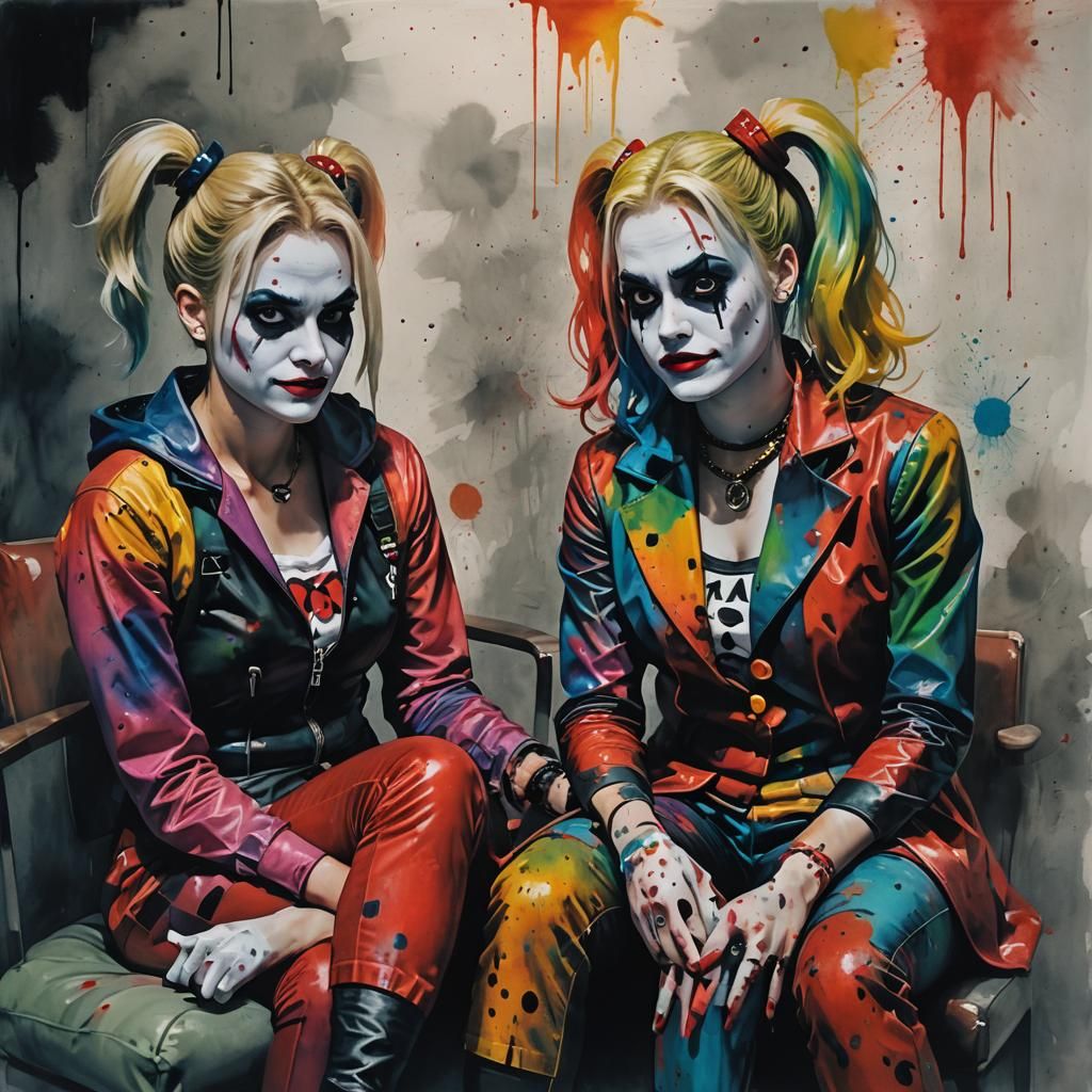 A realistic painting of the dichotomy of Harley Quinn. On th...