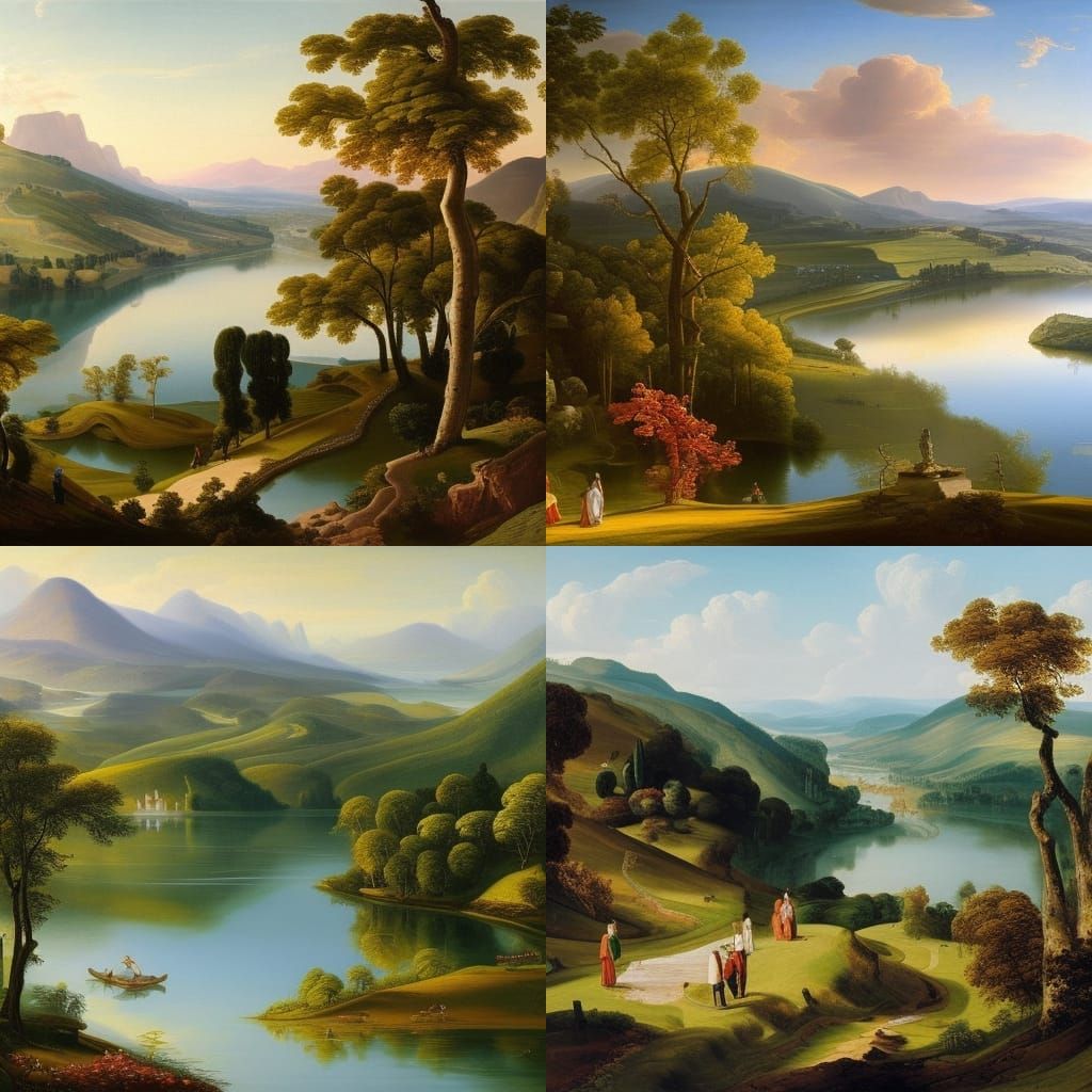 Baroque Oil Painting of Lake View From Hillside