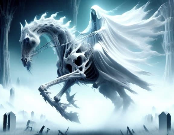 Ethereal Victorian Ghost Rider on a Skeleton Stallion in a H...