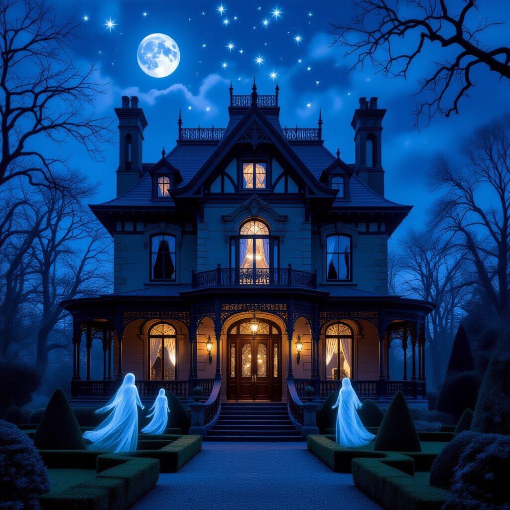 Haunting Victorian Manor Under Moonlit Sky