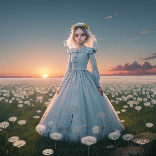 Dandelion Cat in a Dark Fantasy Sunset