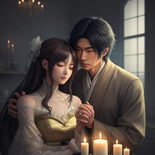 Anime Couple Embrace in Candlelight, 3D Art