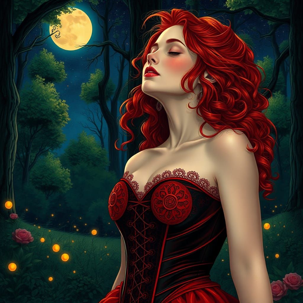 Redhead in Moonlit Garden: A Pop-Surrealist Illustration