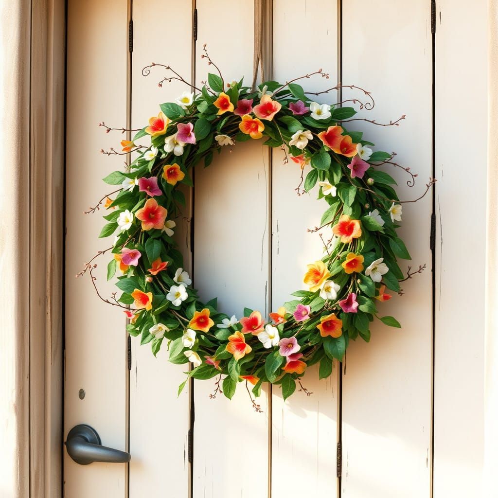 Whimsical Watercolor Door Adorned with Floral Wreath in Drea...