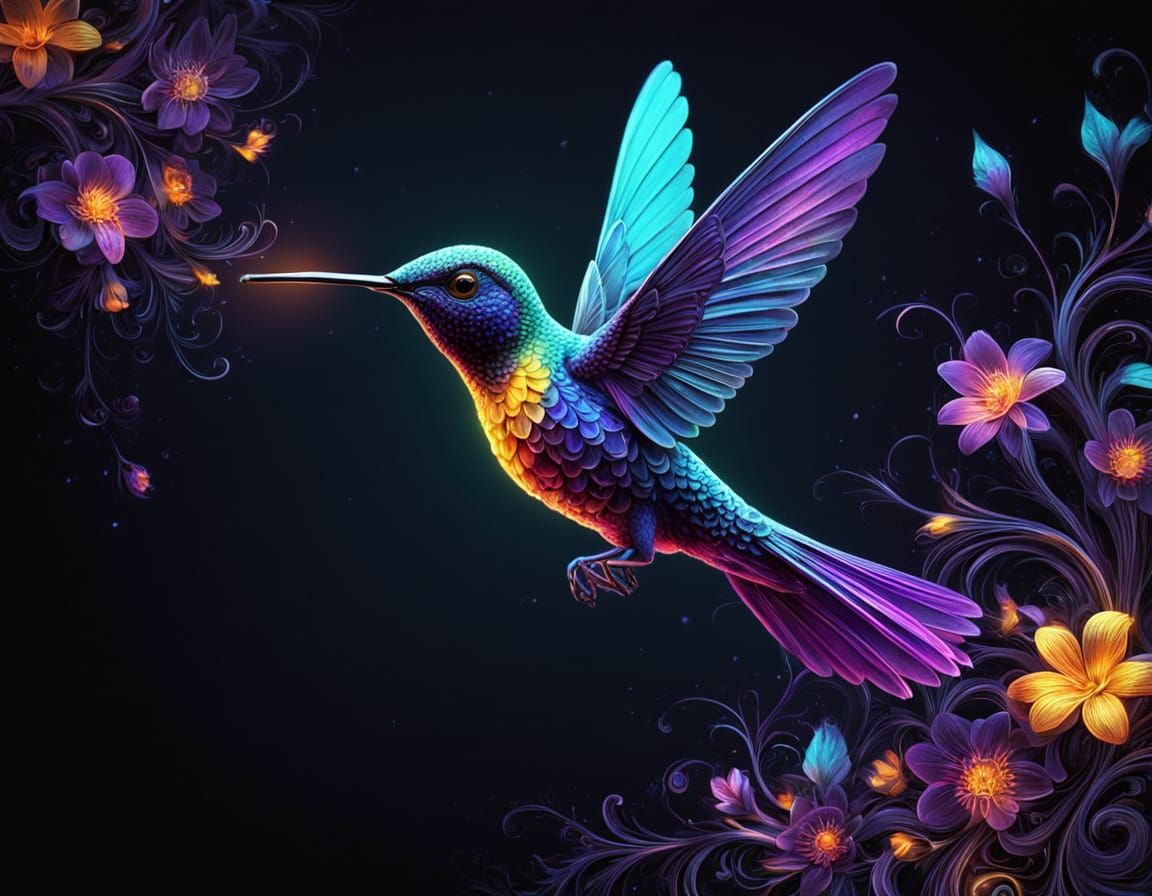 Dark Purple Hummingbird in Vibrant Floral Fantasy Art