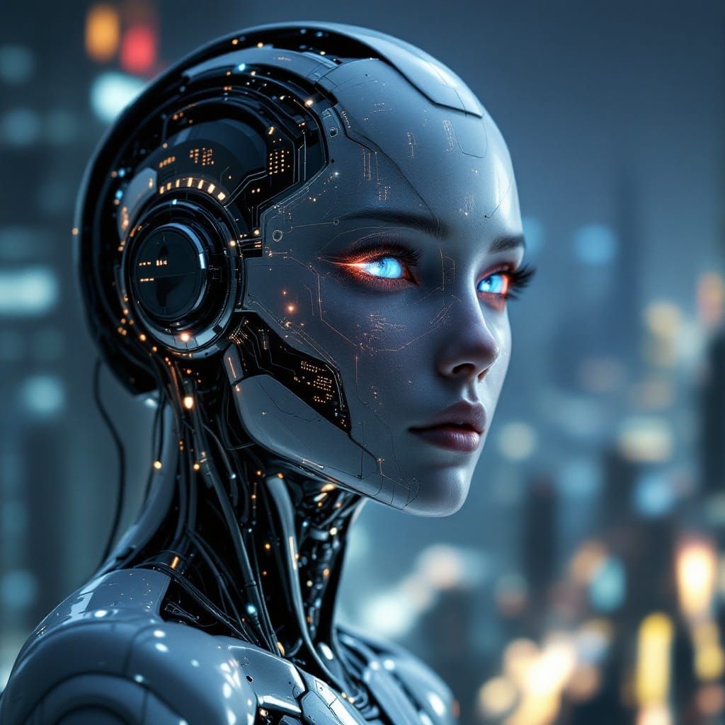 Cyborg Hero in Neo-Futuristic Cityscape