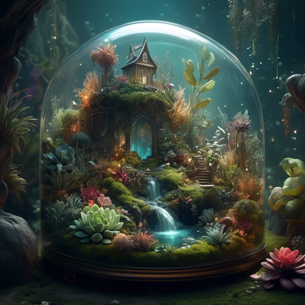 Enchanted Terrarium with Hobbits in Digital Art