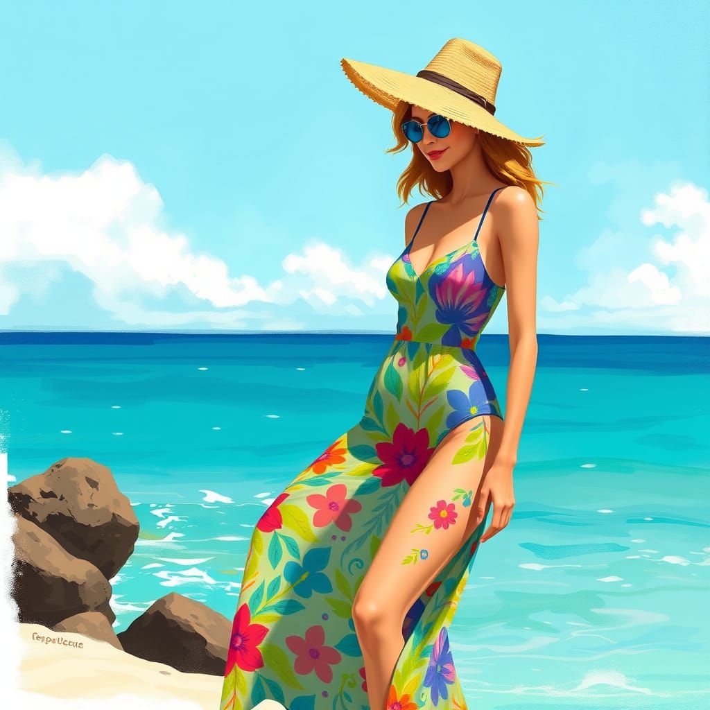 Woman in Beach Dress by the Ocean