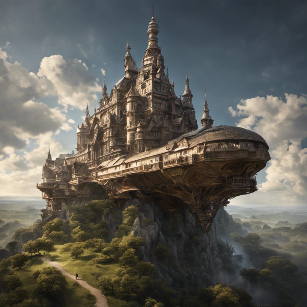 Medieval City Flying Through Clouds, Fantasy Art