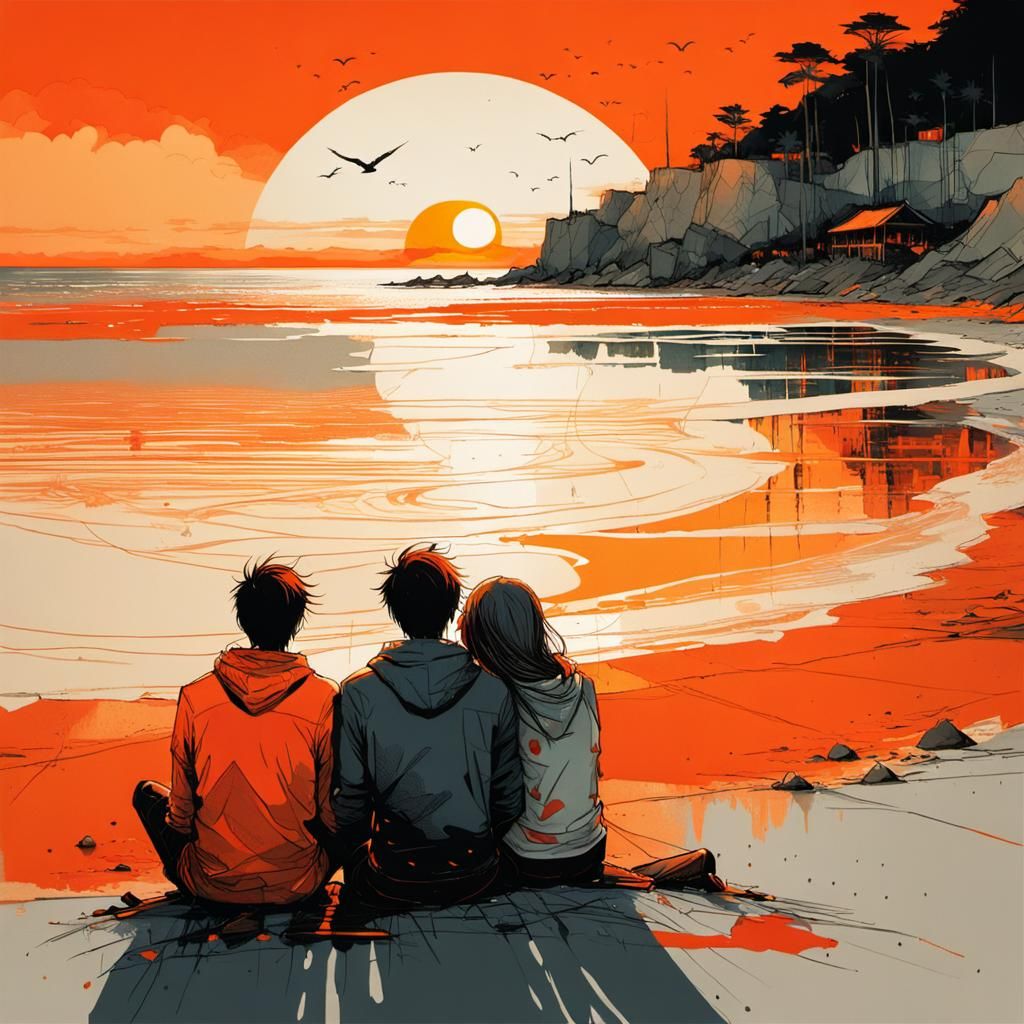 Teenagers Embrace at Sunset in Sumi-e Style