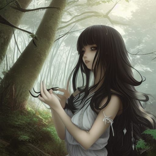 Anime Girl in Woods Coloring Page