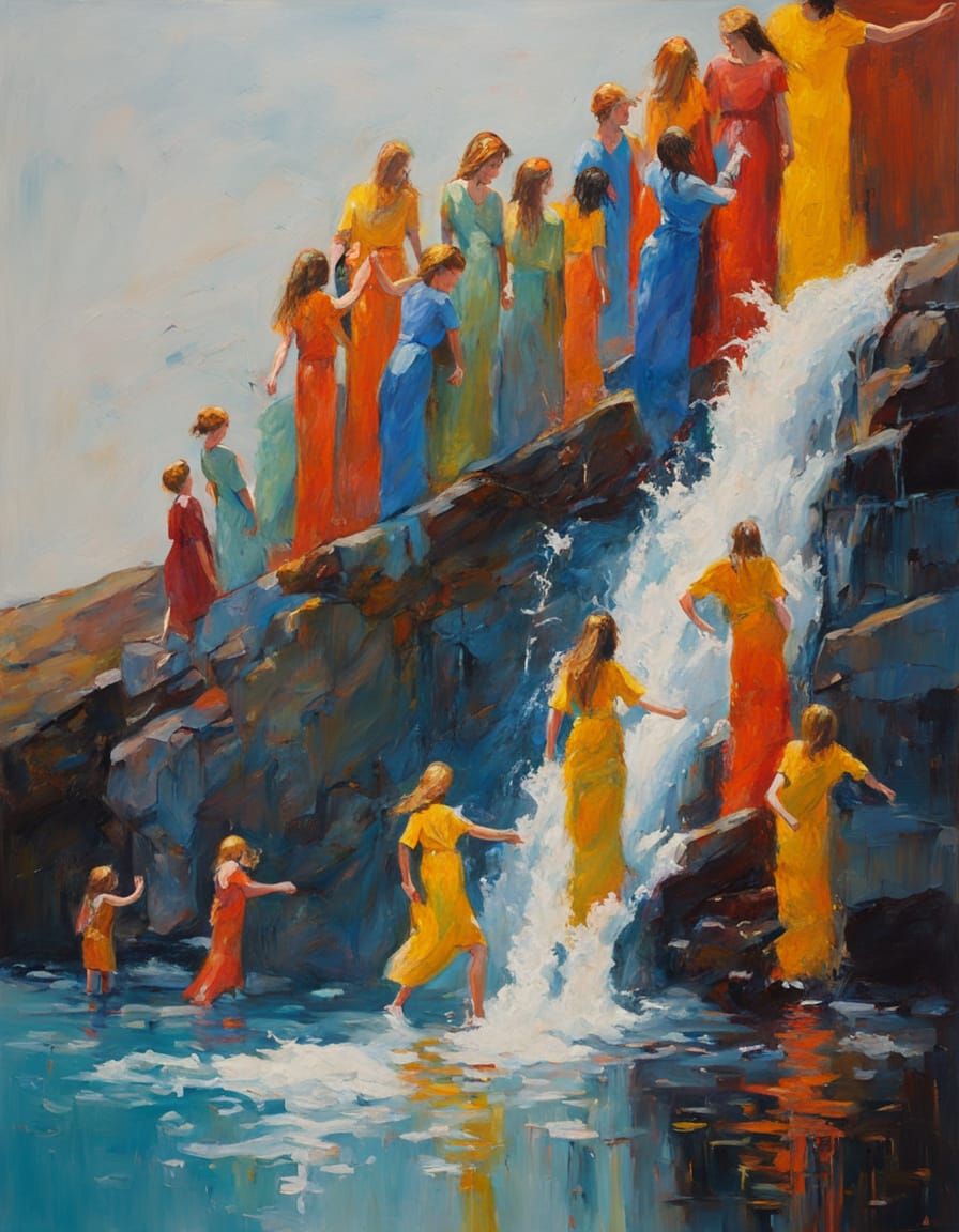 Women in Cascade Oil Painting: Domino Effect