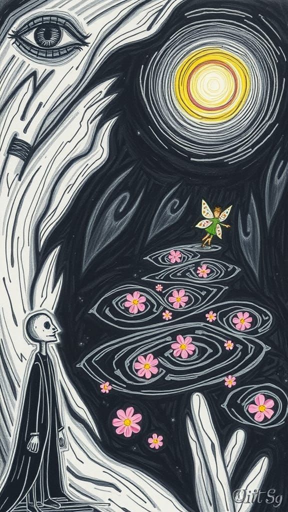 Surreal Crayon Drawing of the Underworld with Fairy