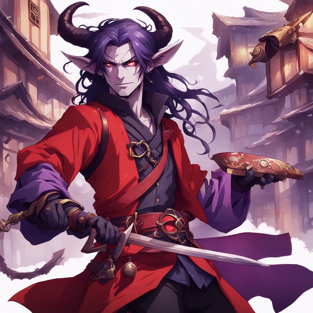 Tiefling Bard in Anime Style Performs in Tavern