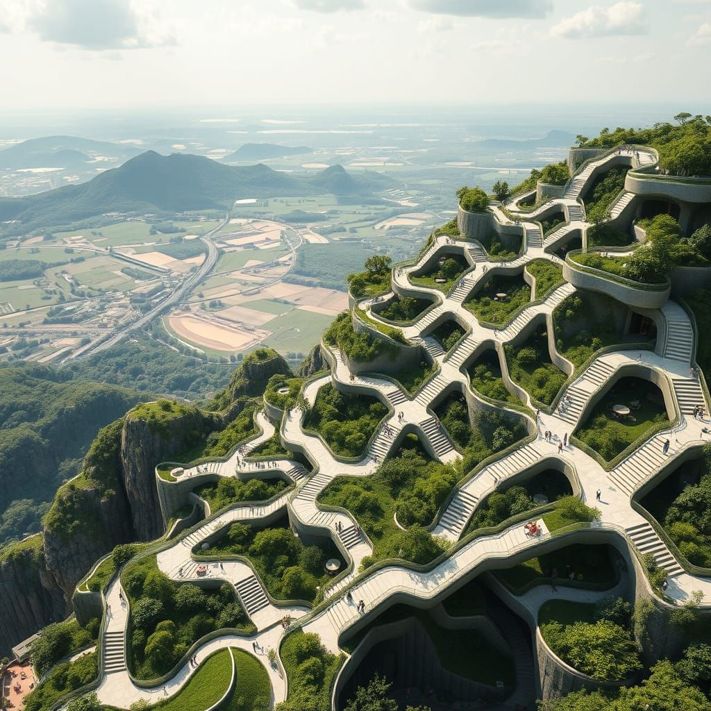Futuristic Eco-Structure with Harmonious Stairs and Green Sp...