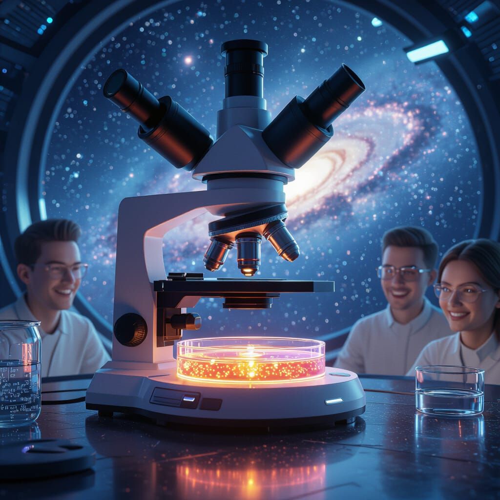 Futuristic Microscope with Glowing Petri Dish, in 3D Rendere...