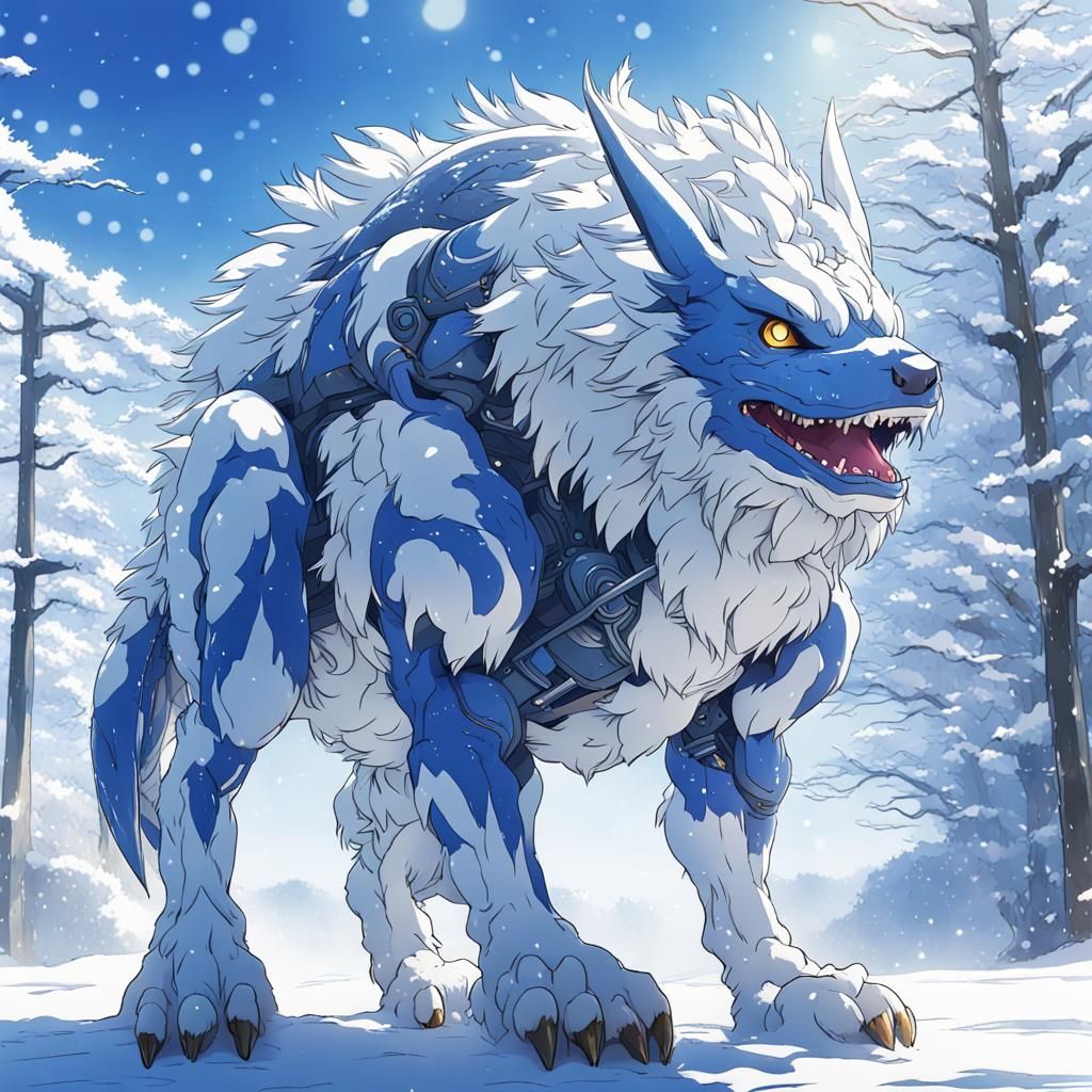 Metal Garurumon in Snow: Ghibli-esque Anime Visual