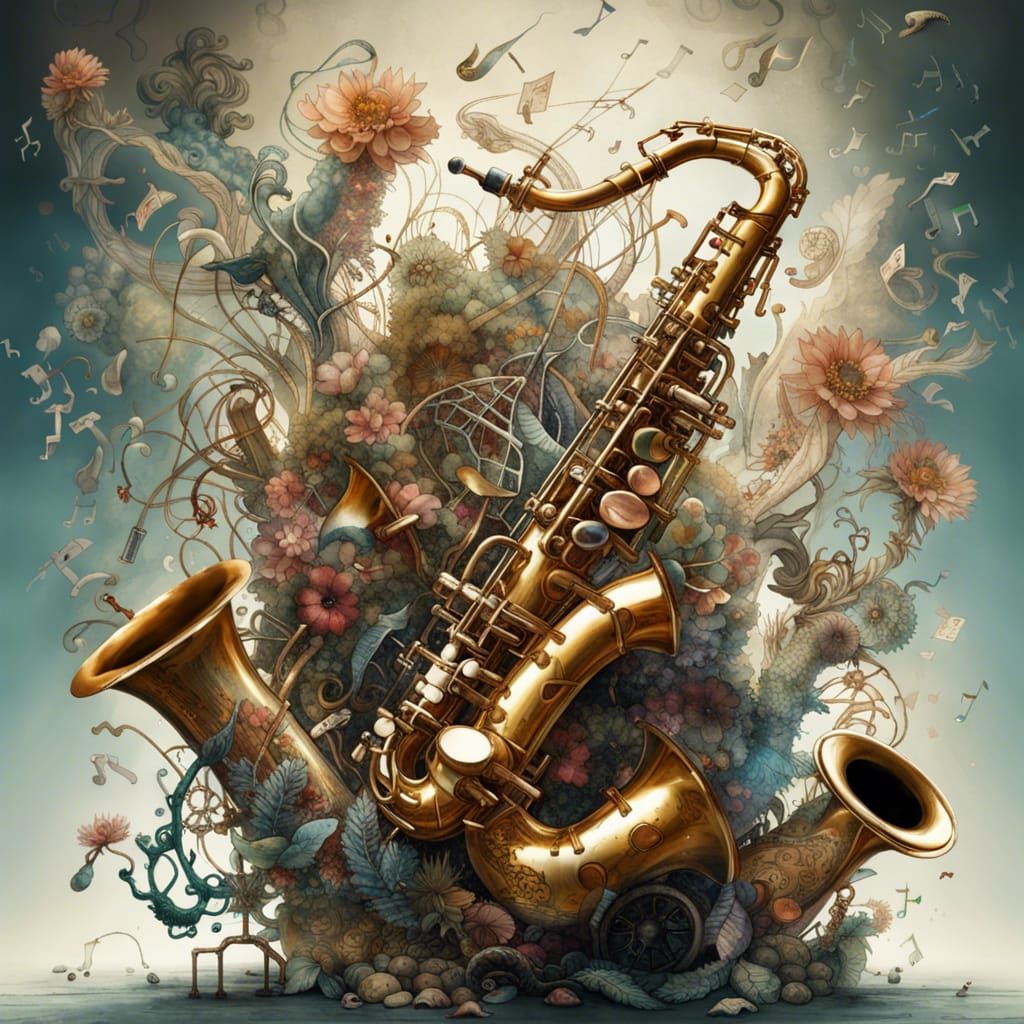 Saxophone Surrounded by Musical Notes in Fantasycore Style