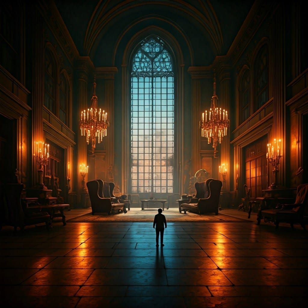 Minuscule Man in Gigantic Mansion Foyer