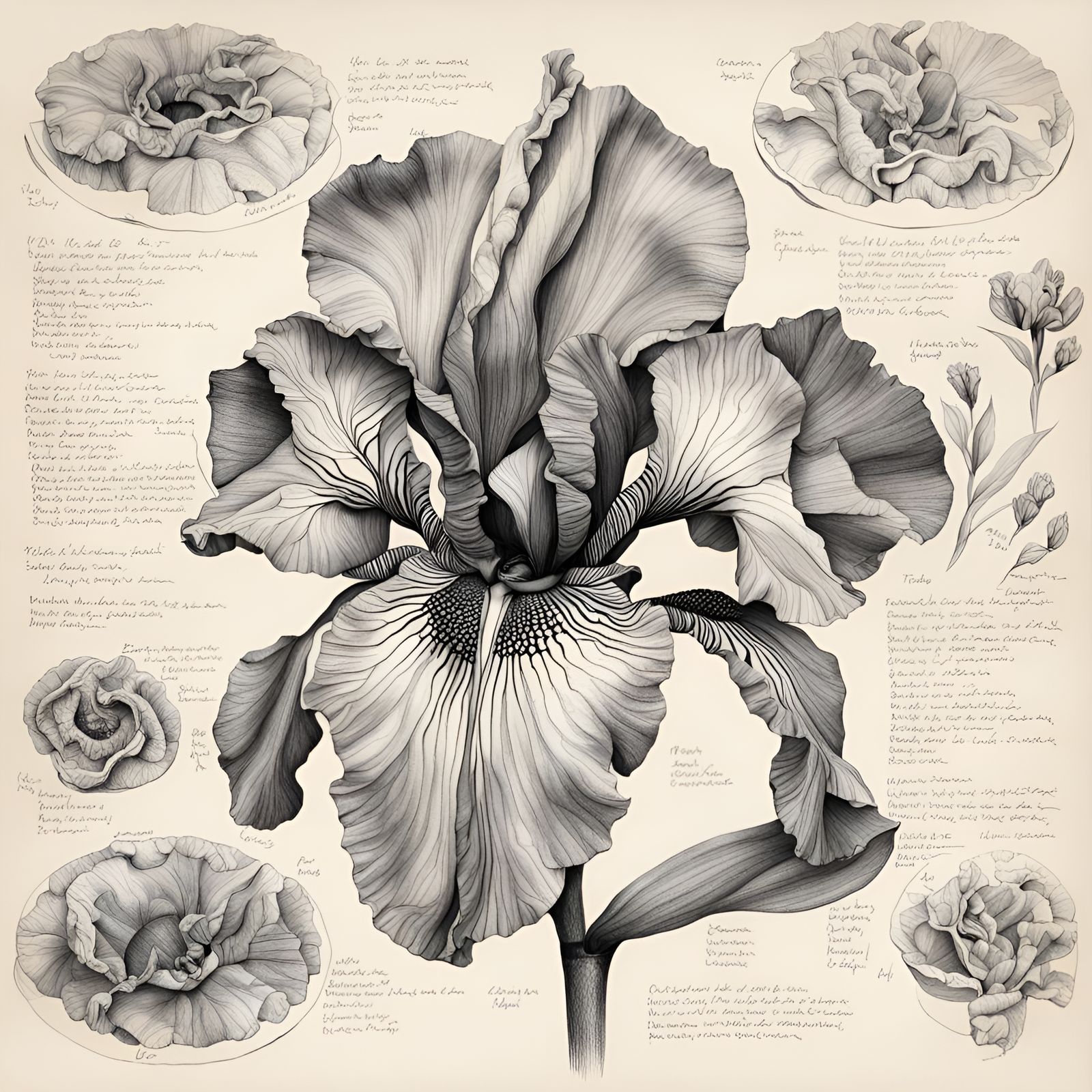 Detailed Ink Drawing of Iris Flower