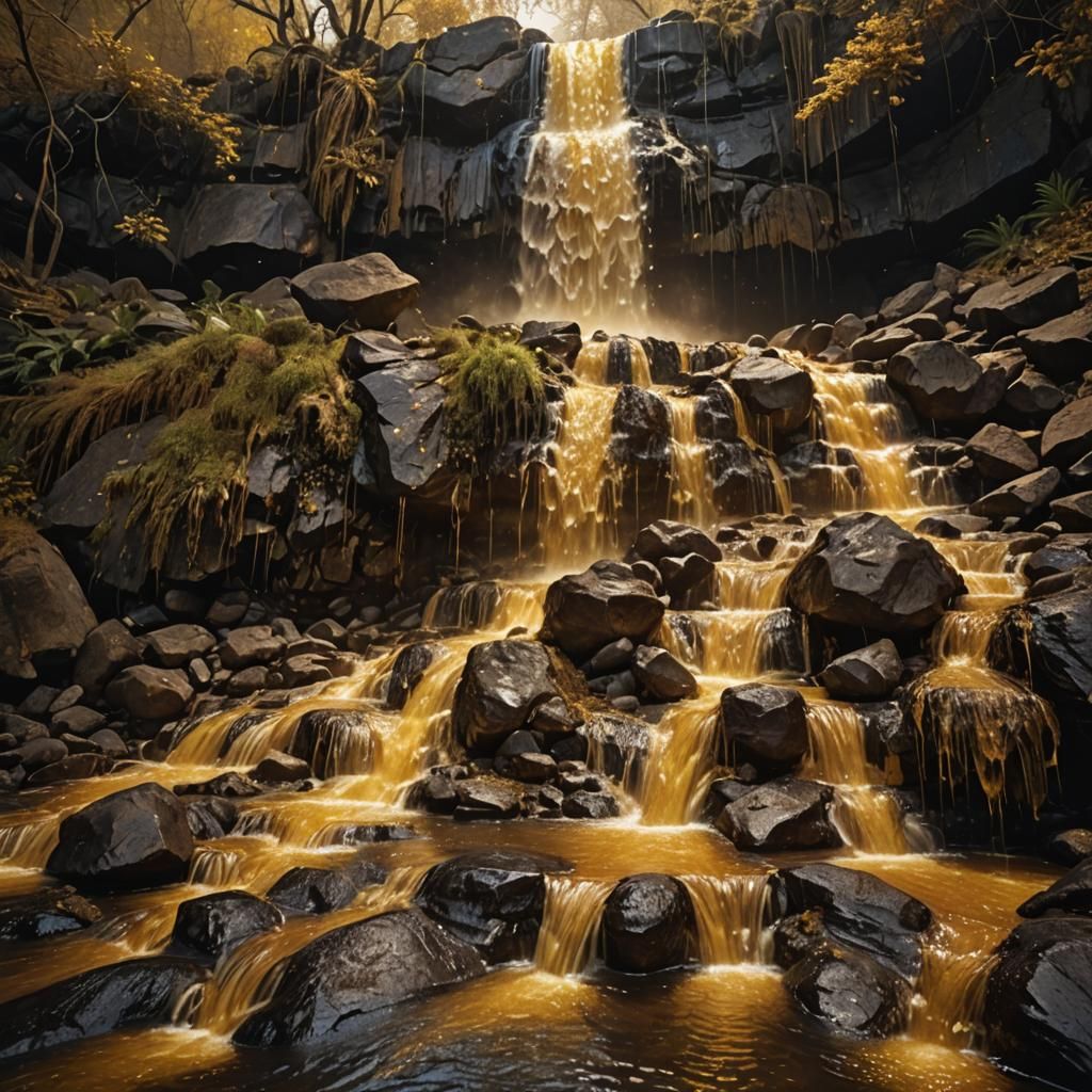Golden Honey Waterfall in Oil Painting Style