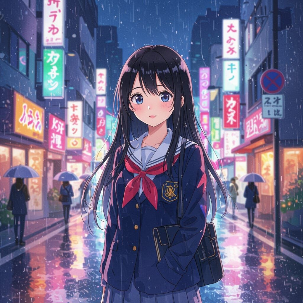 Anime Girl in Rainy Tokyo: Watercolor Digital Painting