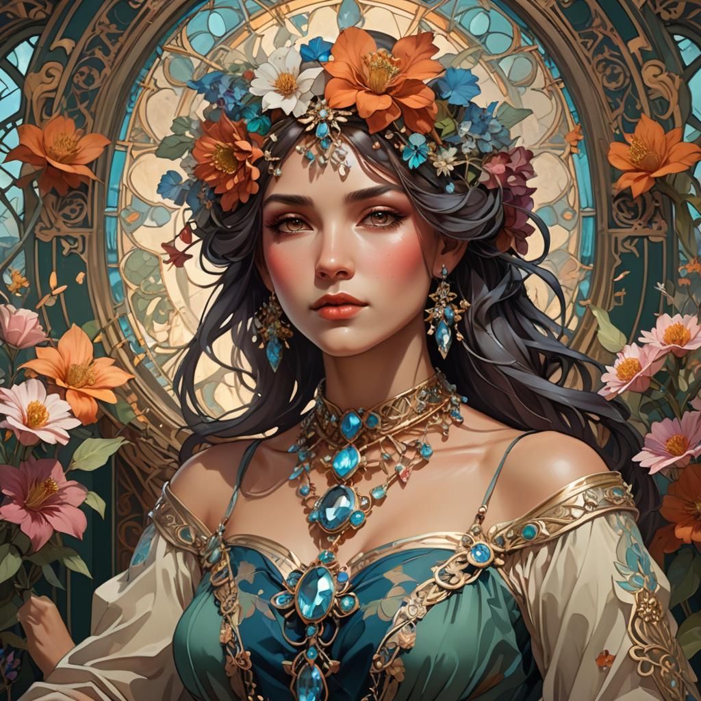 Girl with Crystal Necklace in Art Nouveau Style