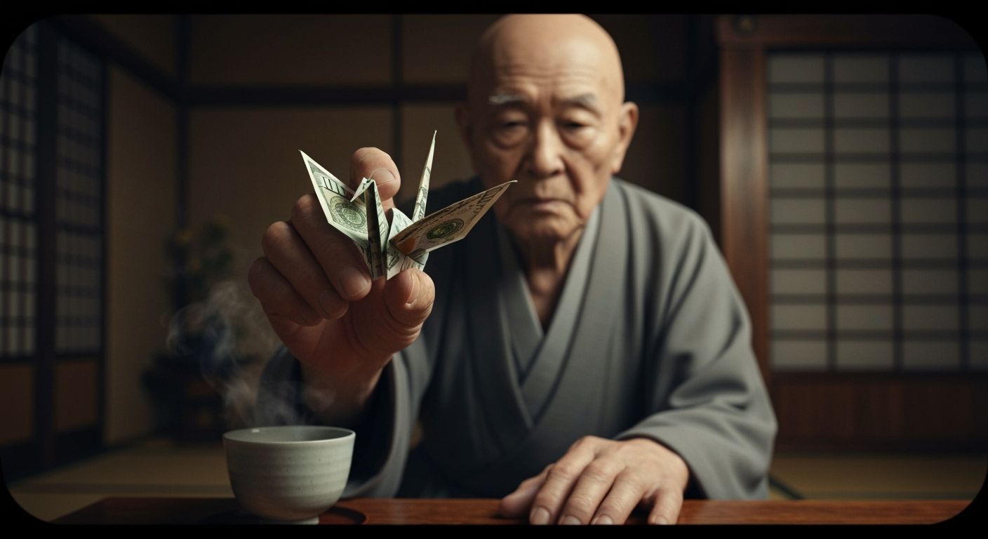 Origami Crane from Dollar Bill Held by Japanese Master