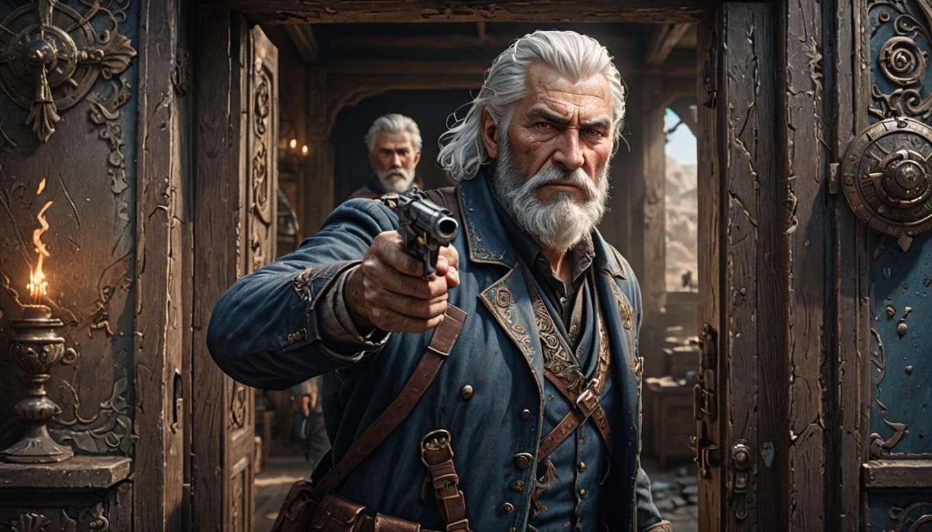 Old Man with Pistol in Doorway: Detailed Matte Painting