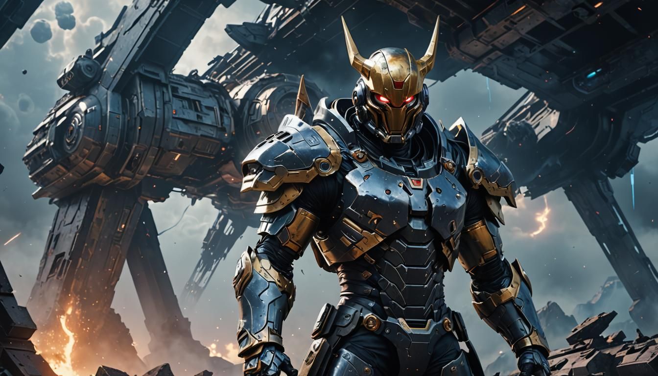 Cyborg Warrior in Eerie Nebula: Dark Fantasy Anime Art