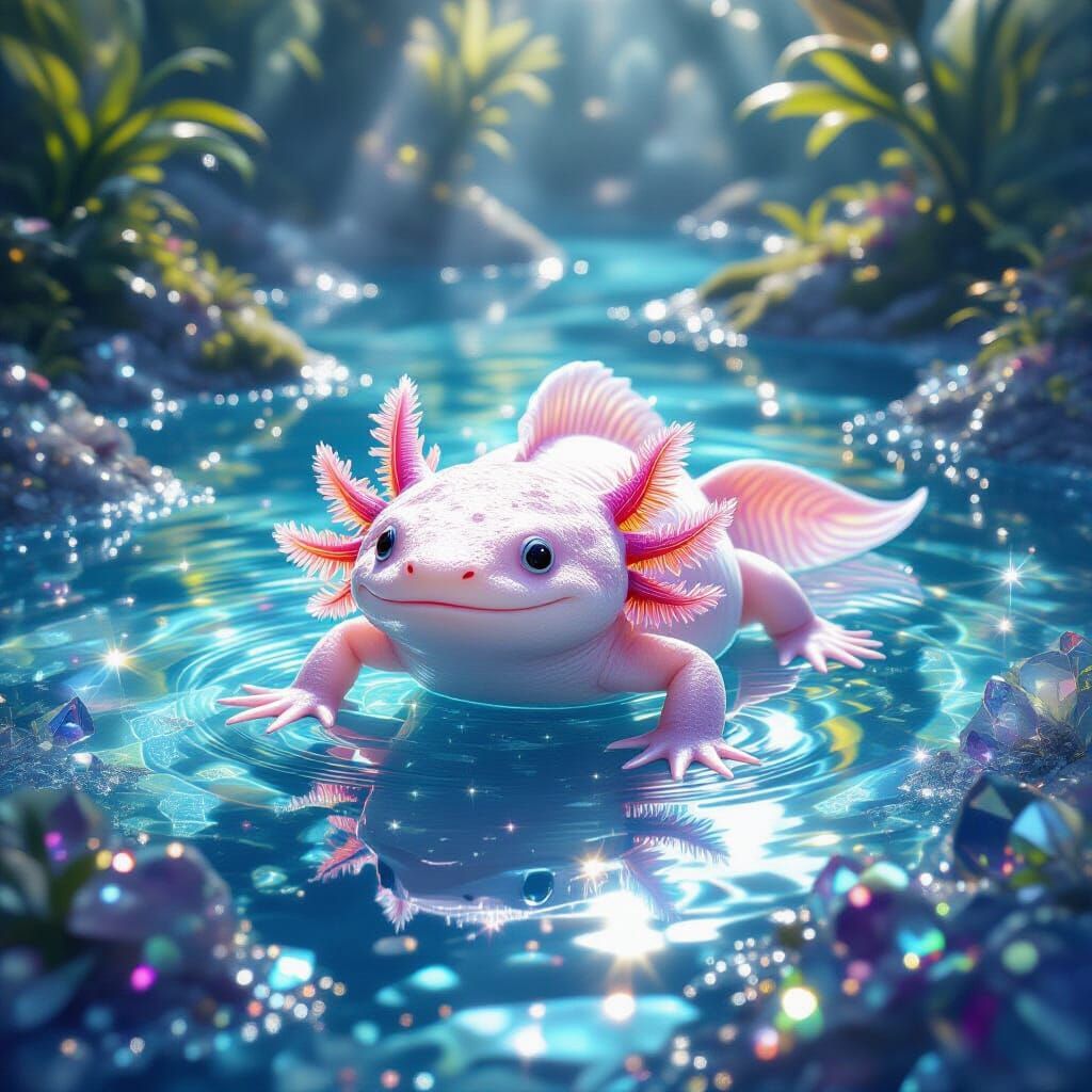 Crystal Axolotl in Iridescent Lake