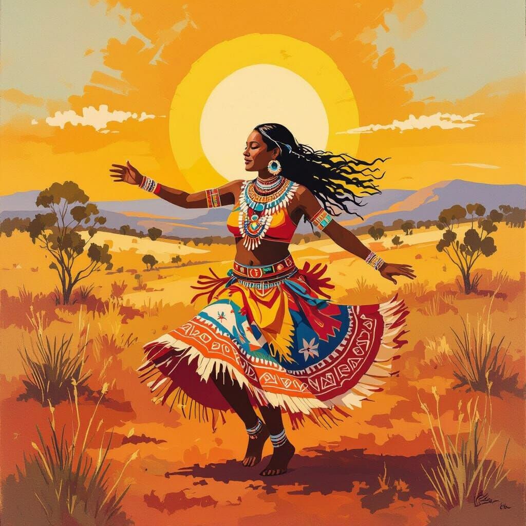 Indigenous Woman Dancing in Outback Landscape