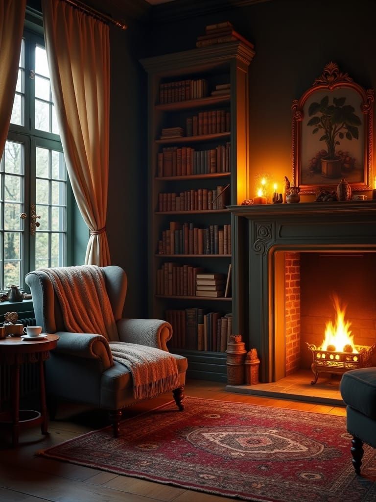 Cozy Library Nook with Fireplace and Candlelight