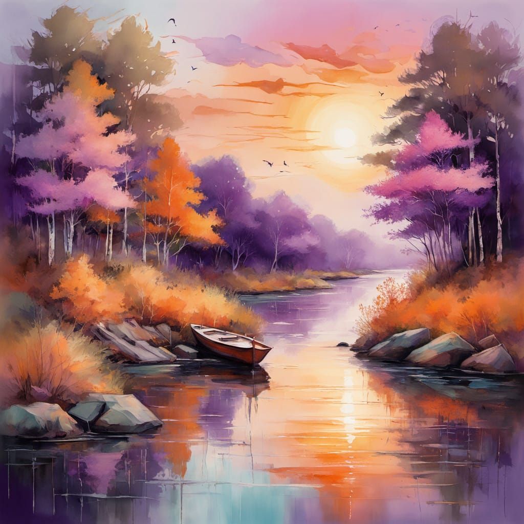 Golden Hour Summer River Scene with Lush Greenery and Sailbo...