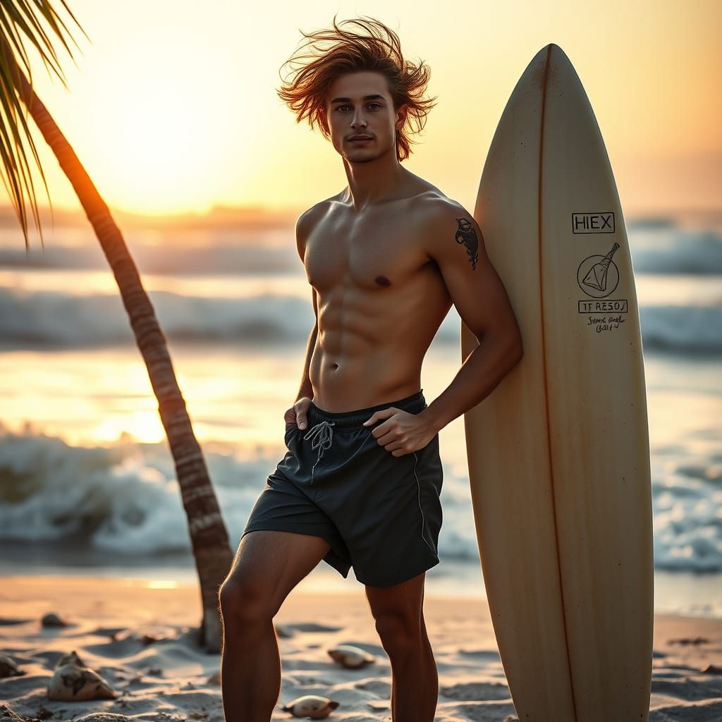Handsome Young Man in Sun-Kissed Beach Scene with Surfboard