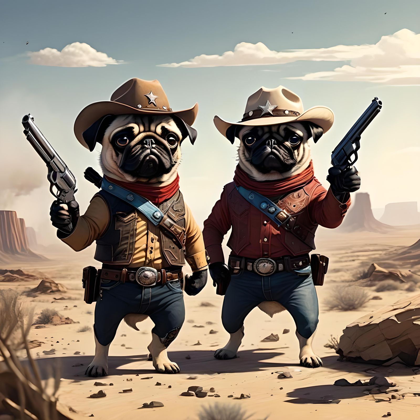 Pugs in Cowboy Attire Standoff: Comic Book Art