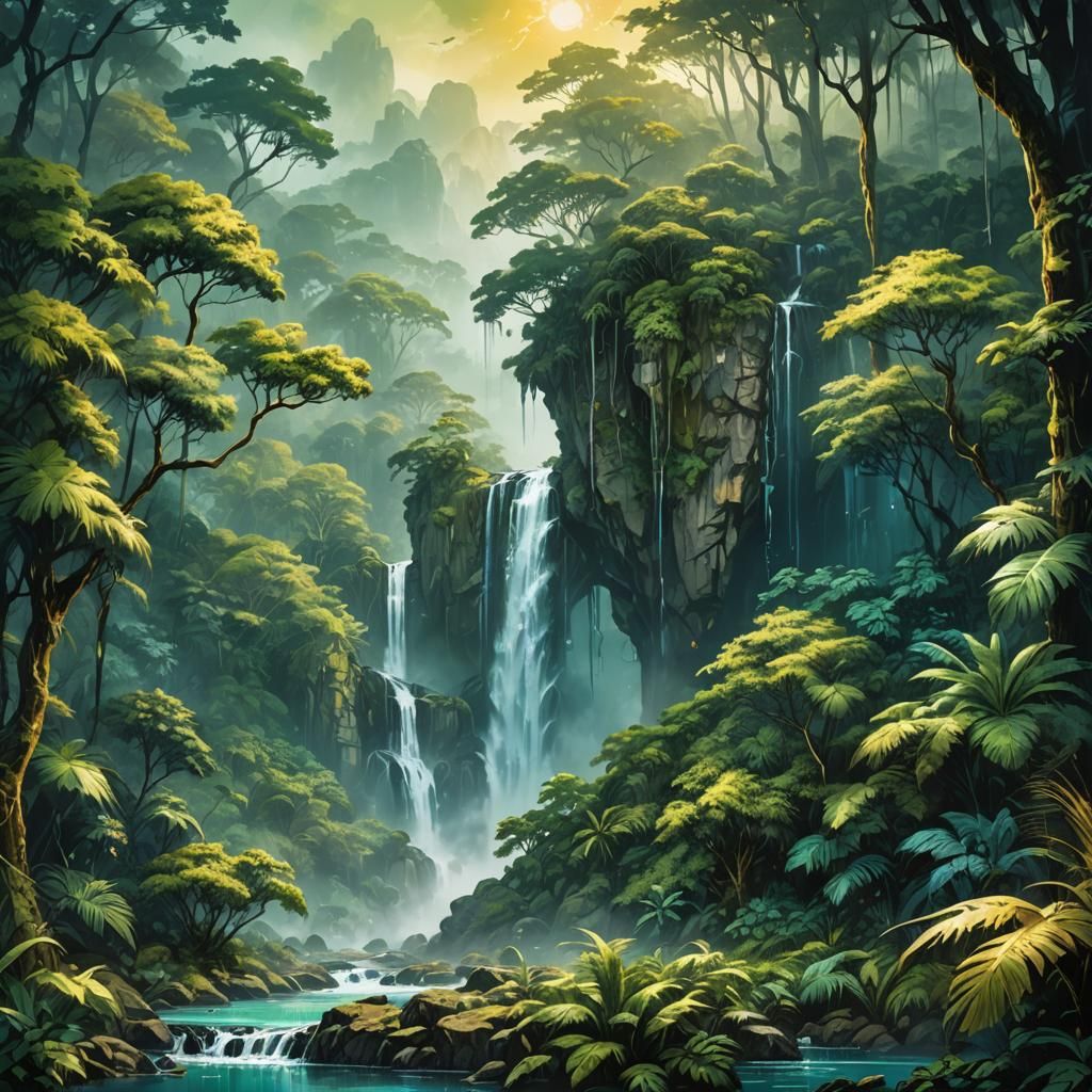 Lush Jungle Waterfall in Hyperrealistic Oil Painting Style