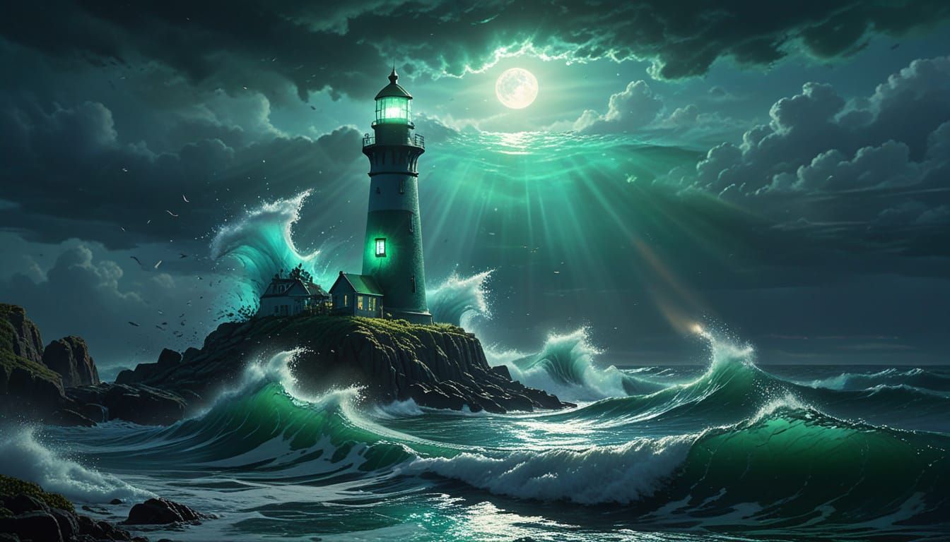 Emerald Cobalt Sea Glass Lighthouse in Ethereal Glow