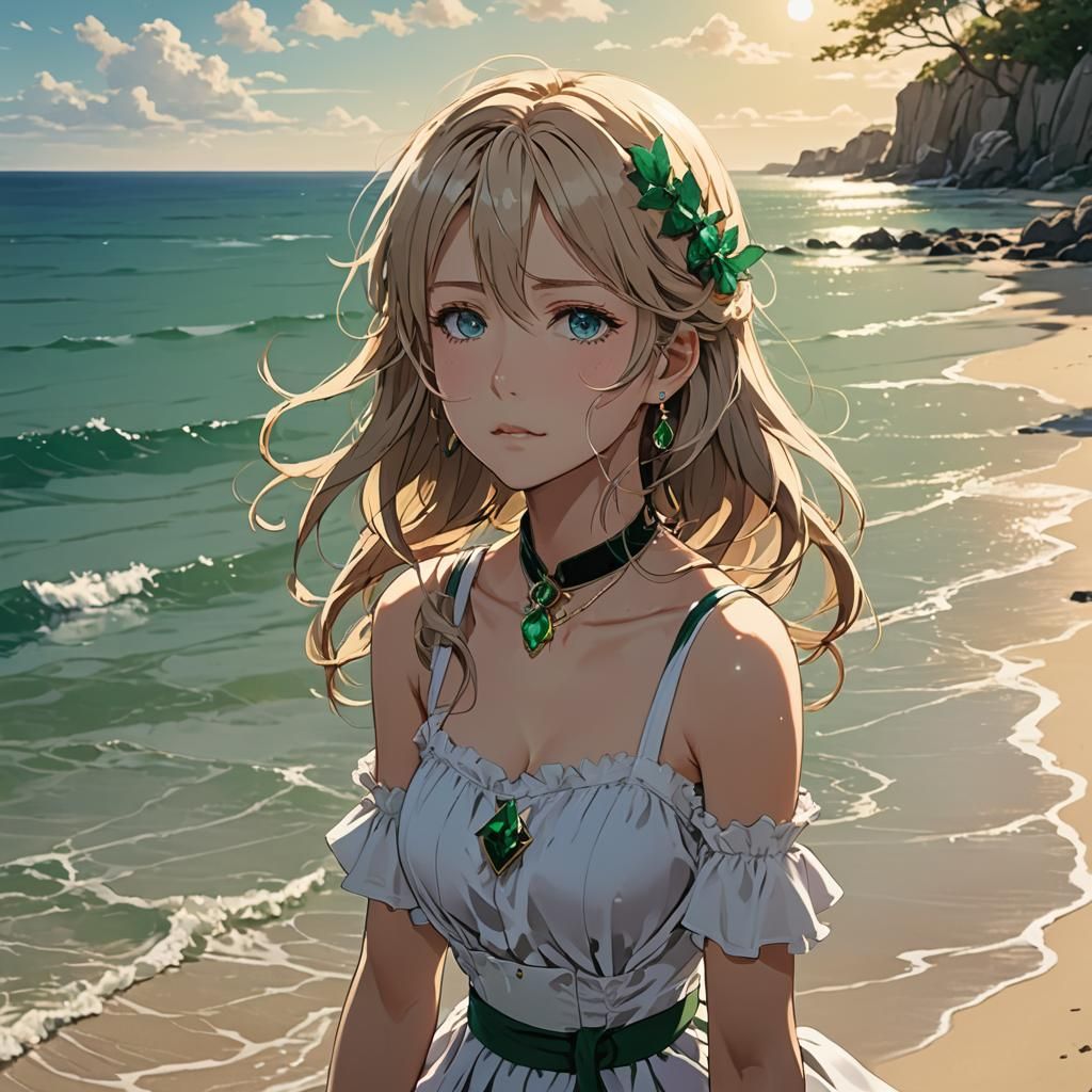 Violet Evergarden at the Beach in Anime Style