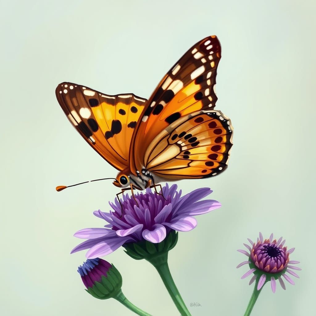 Whimsical Painted Lady Butterfly Perched on a Purple Flower